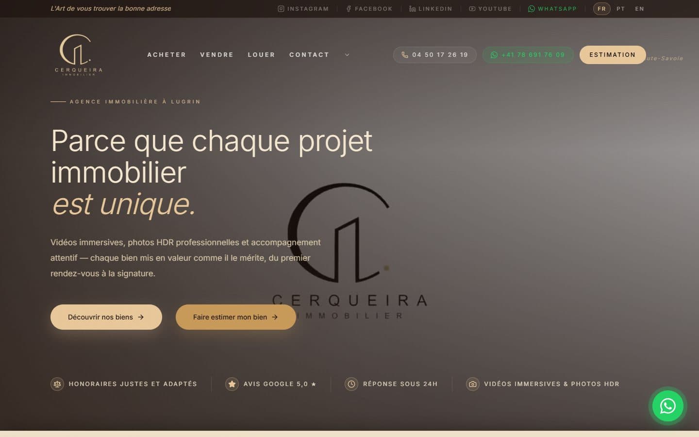 Page d'accueil du site Cerqueira Immobilier