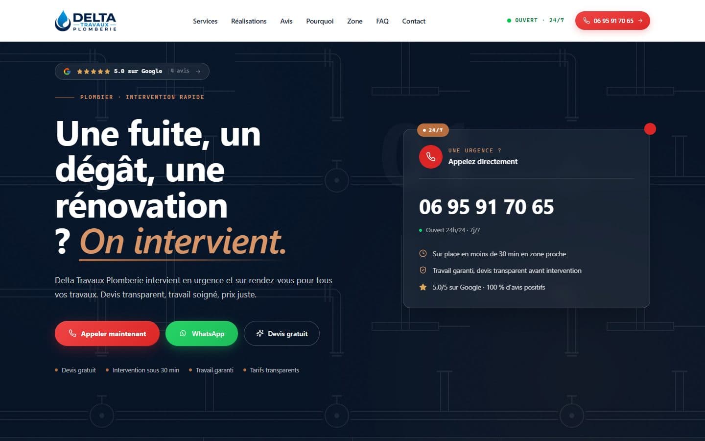 Page d'accueil du site Delta Travaux Plomberie