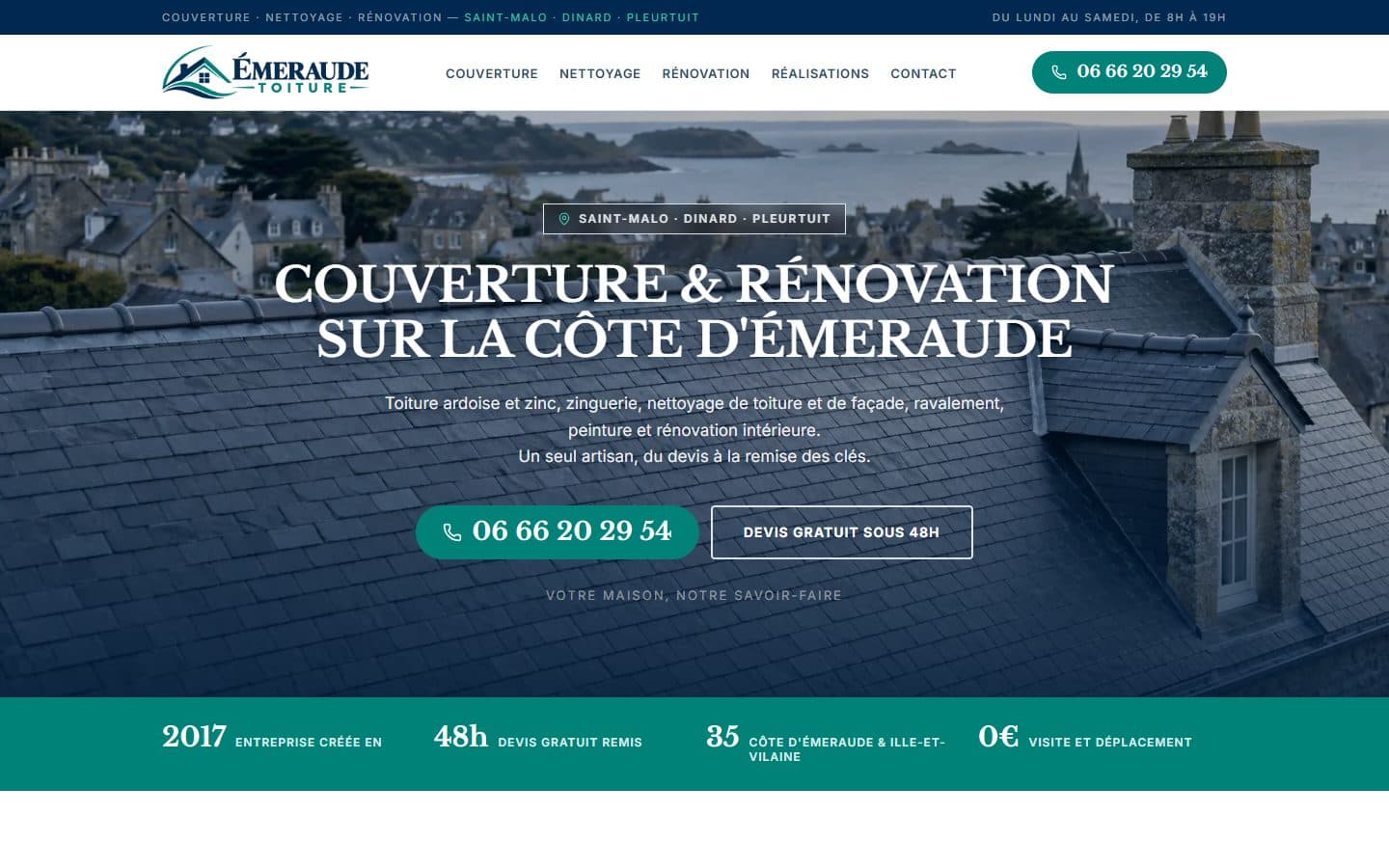 Page d'accueil du site Émeraude Toiture