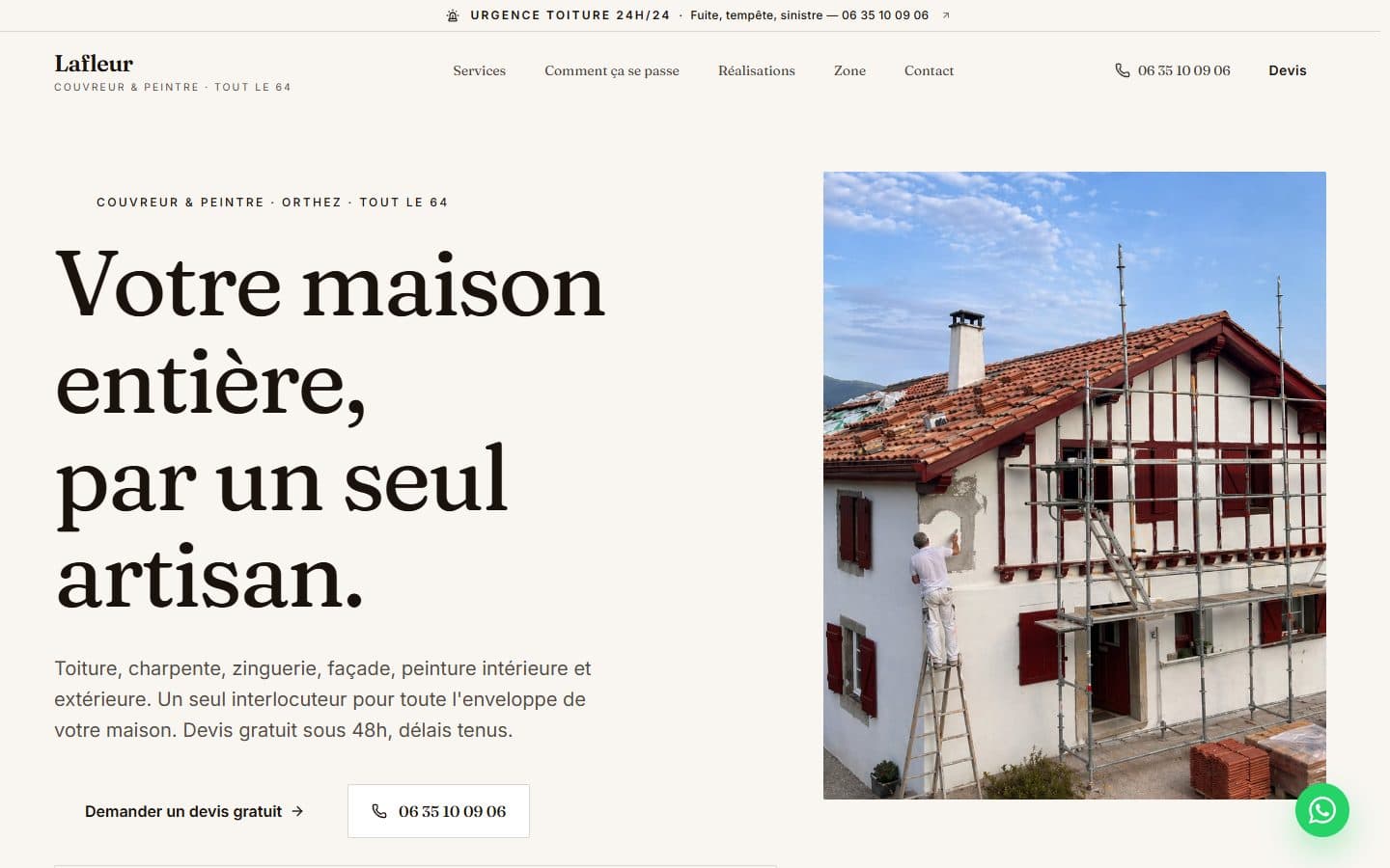 Page d'accueil du site Lafleur Couvreur & Peintre