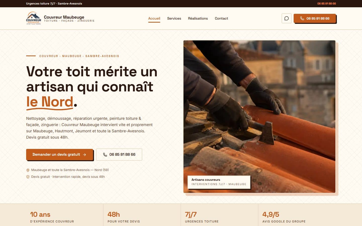 Page d'accueil du site Couvreur Maubeuge