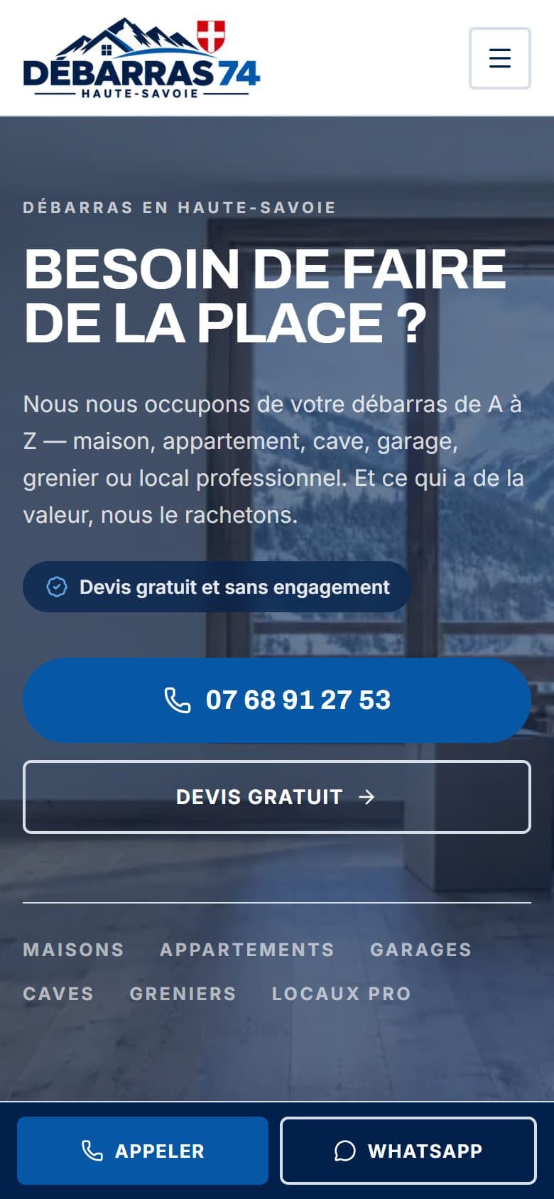 Version mobile du site Débarras 74