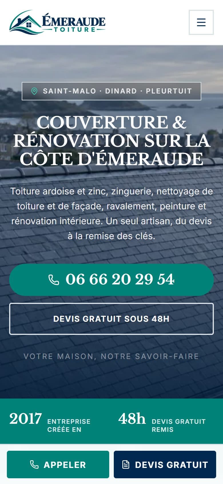 Version mobile du site Émeraude Toiture