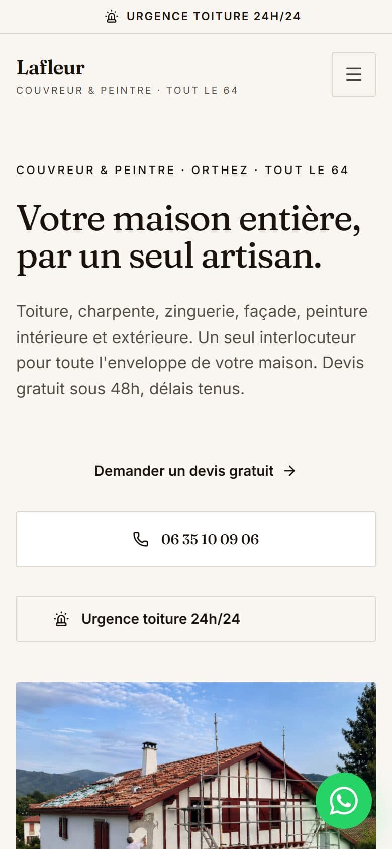 Version mobile du site Lafleur Couvreur & Peintre
