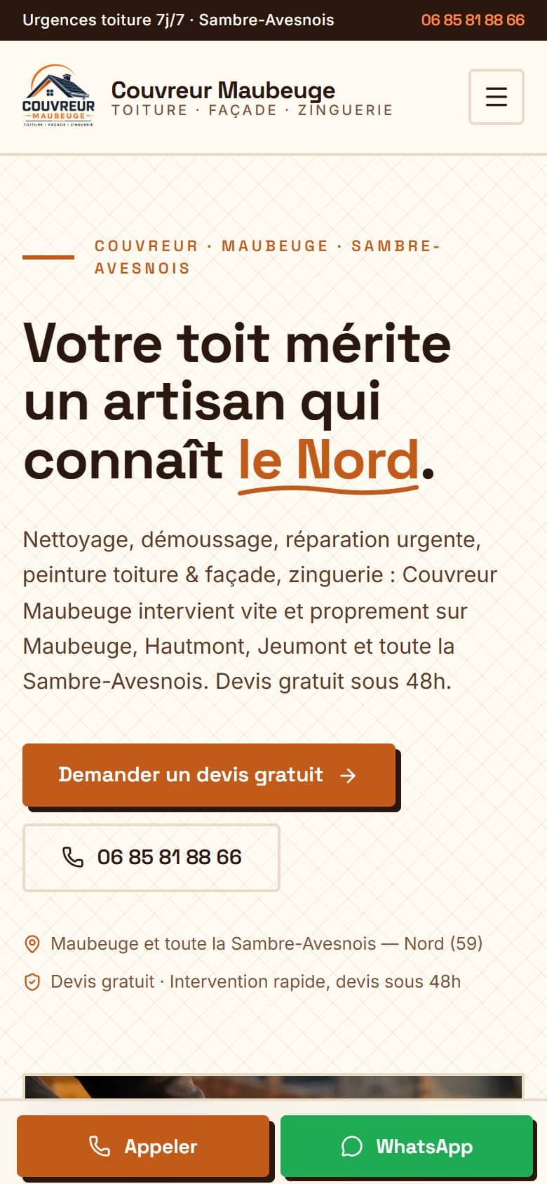 Version mobile du site Couvreur Maubeuge